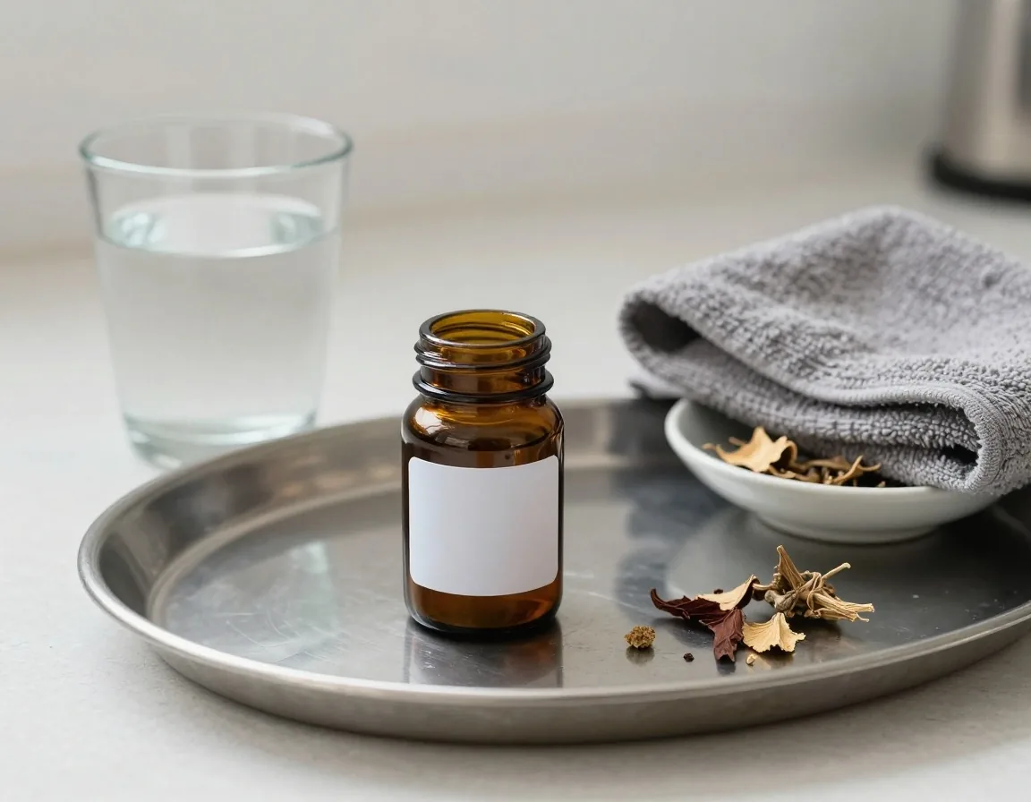 A steel tray with an amber glass supplement jar and a glass of water on a kitchen counter in cool morning light