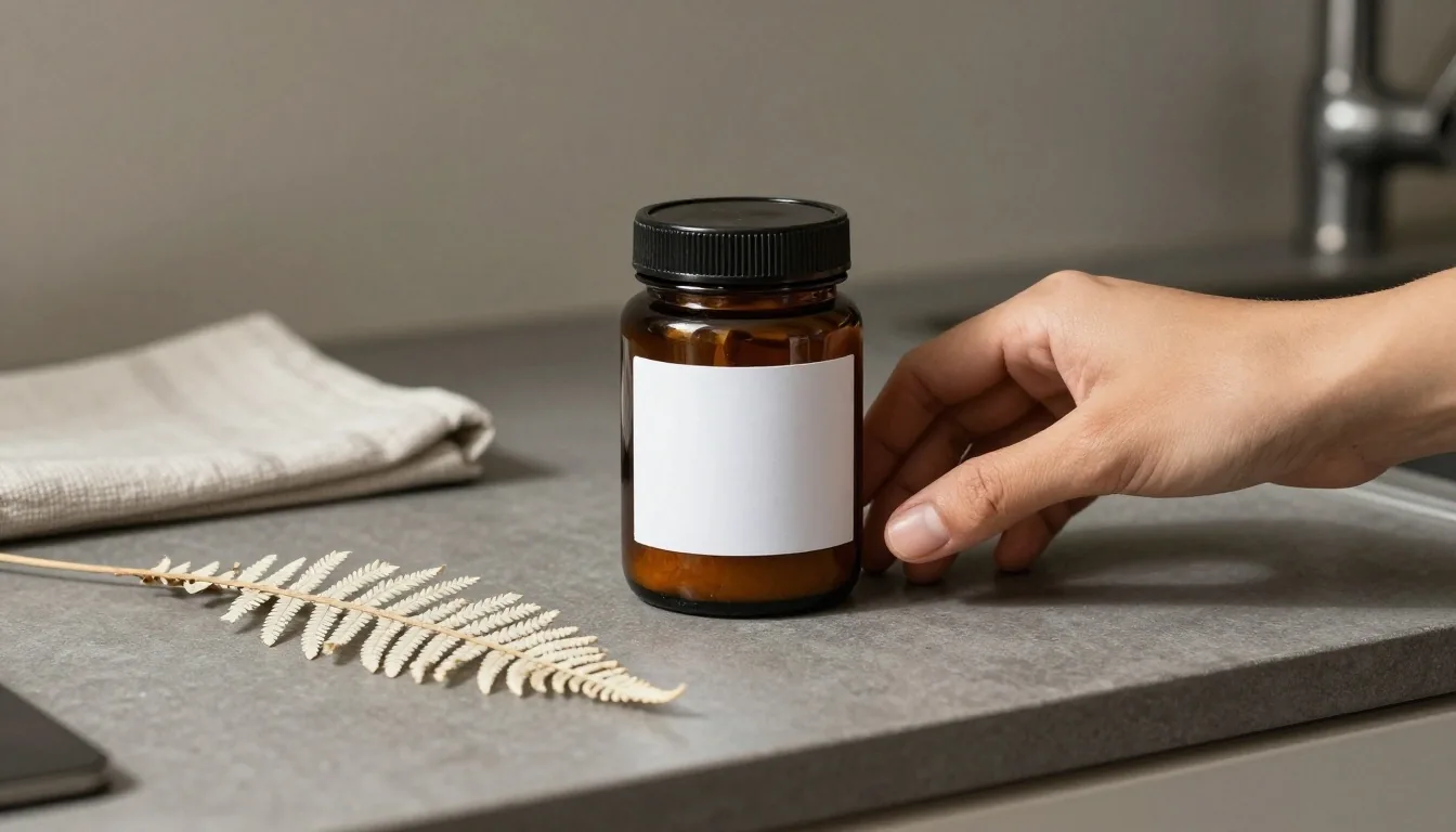 An amber glass supplement jar with a matte label on a graphite studio surface, lit from the right