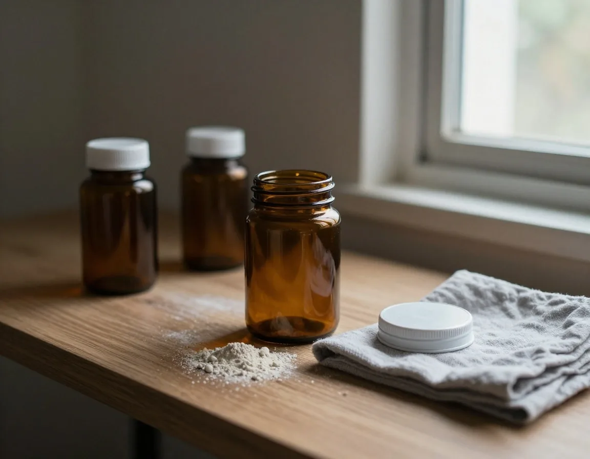 An open amber glass supplement jar with its cap resting on brushed steel beside a pale powder residue
