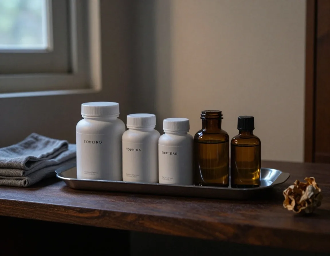 Four matte supplement jars and an amber glass bottle arranged in a row on a steel tray