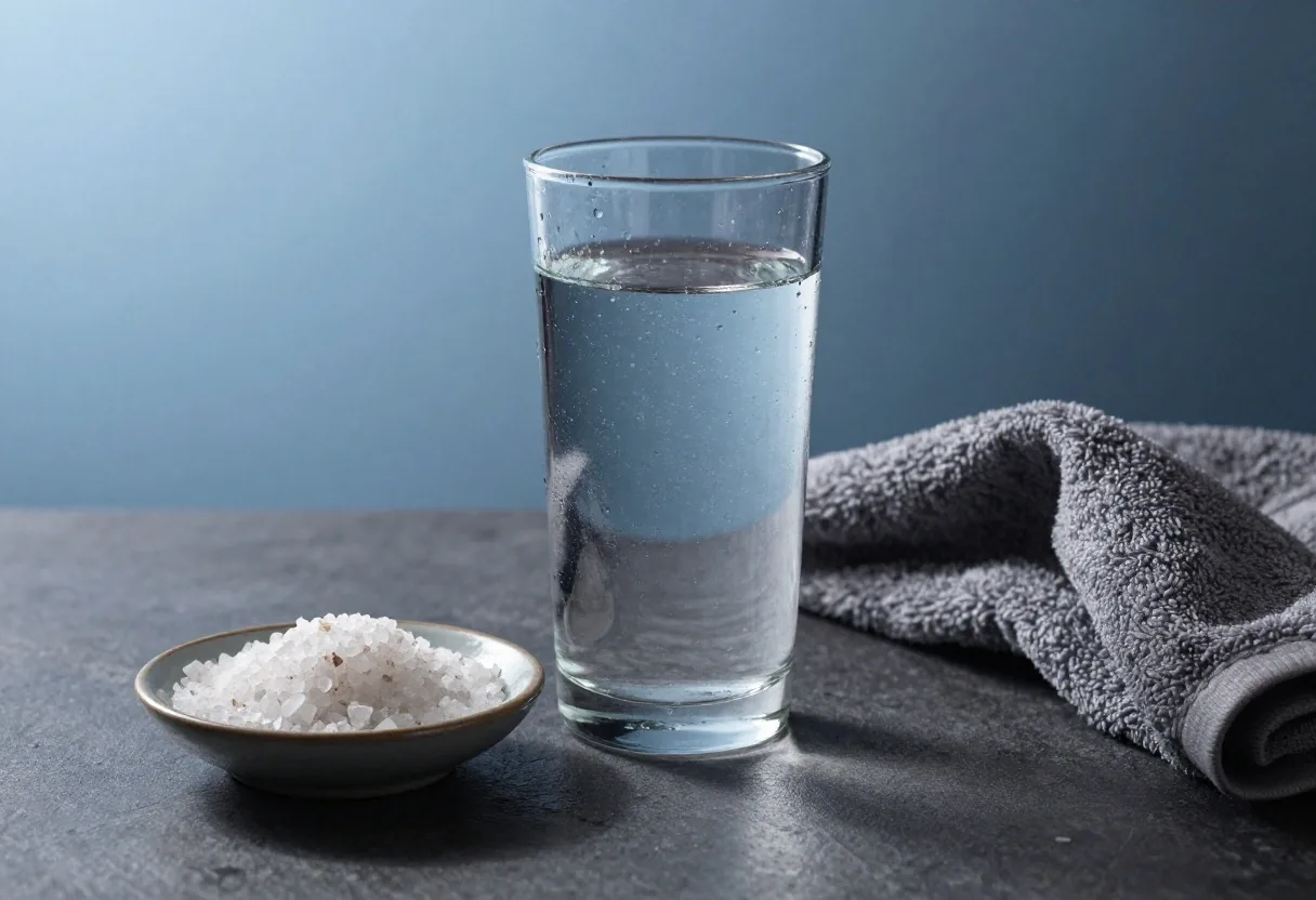 A tall glass of water and a dish of coarse salt on a dark counter under cool window light
