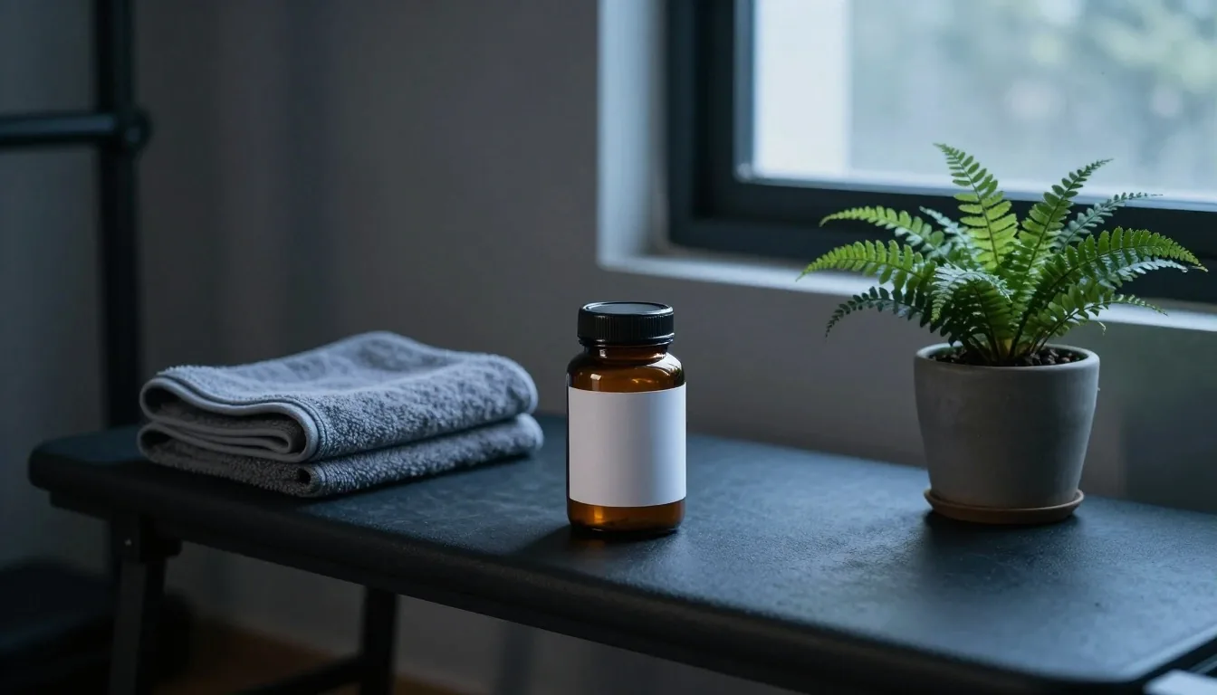 Amber supplement jars and pressed fern arranged on a dark graphite board under low window light