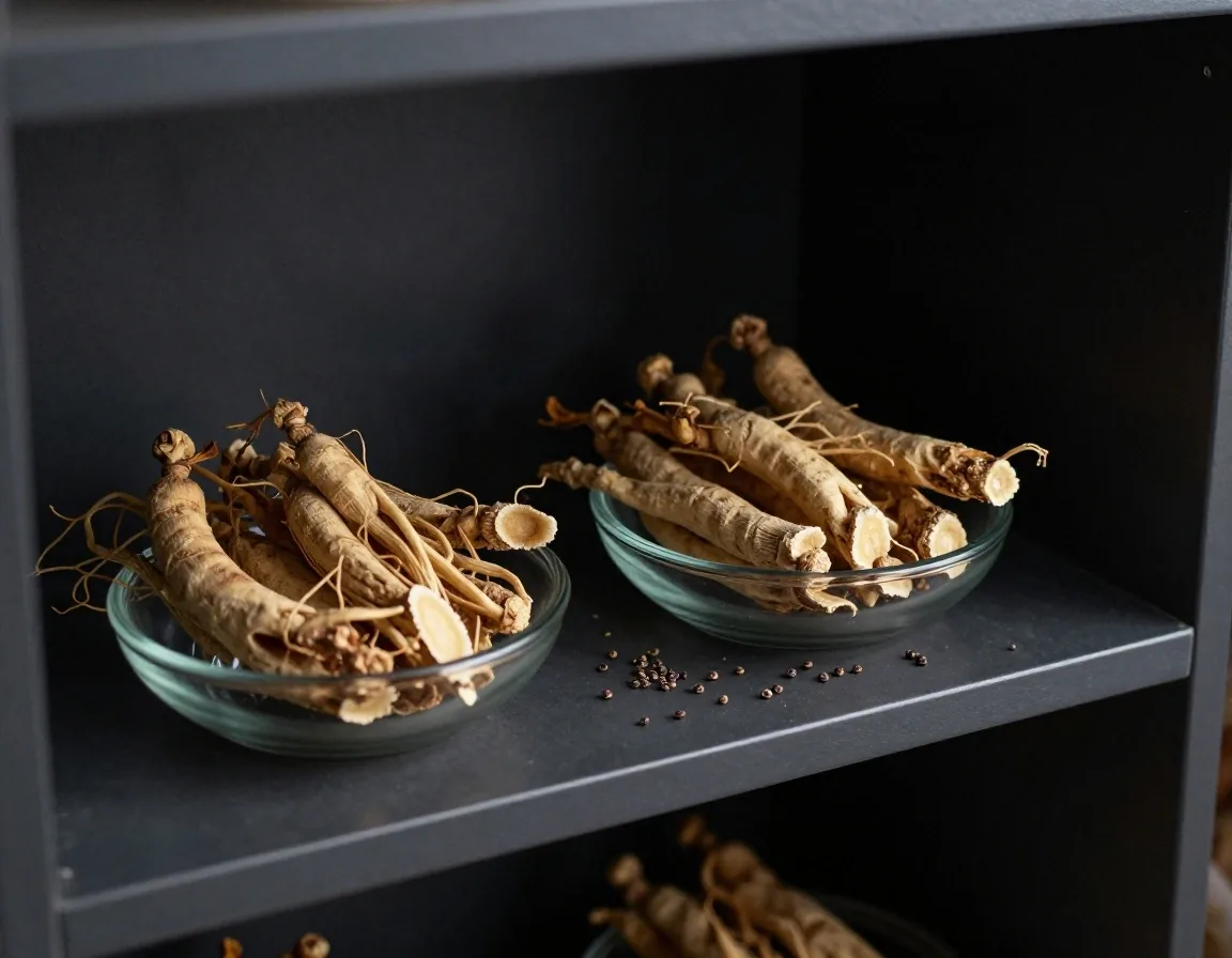 Dried ginseng root slices and dark seeds in shallow dishes on a steel shelf