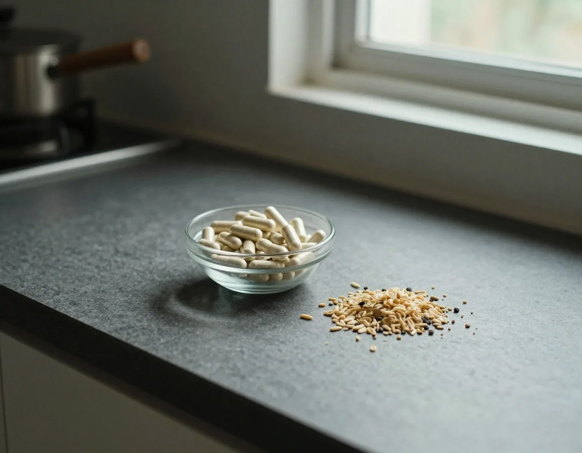 Dry grains and seeds with a dish of pale capsules on a dark graphite board