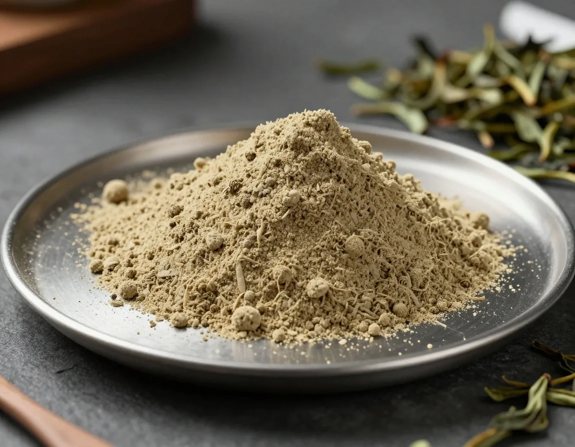 Fine powder and dried tea leaves spread across a brushed steel surface