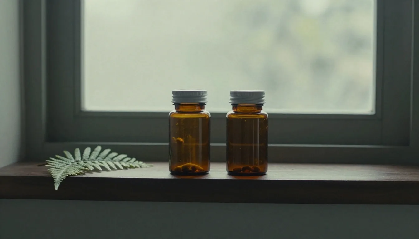 Amber glass supplement jars and a pressed fern leaf on a dark board, lit by low window light