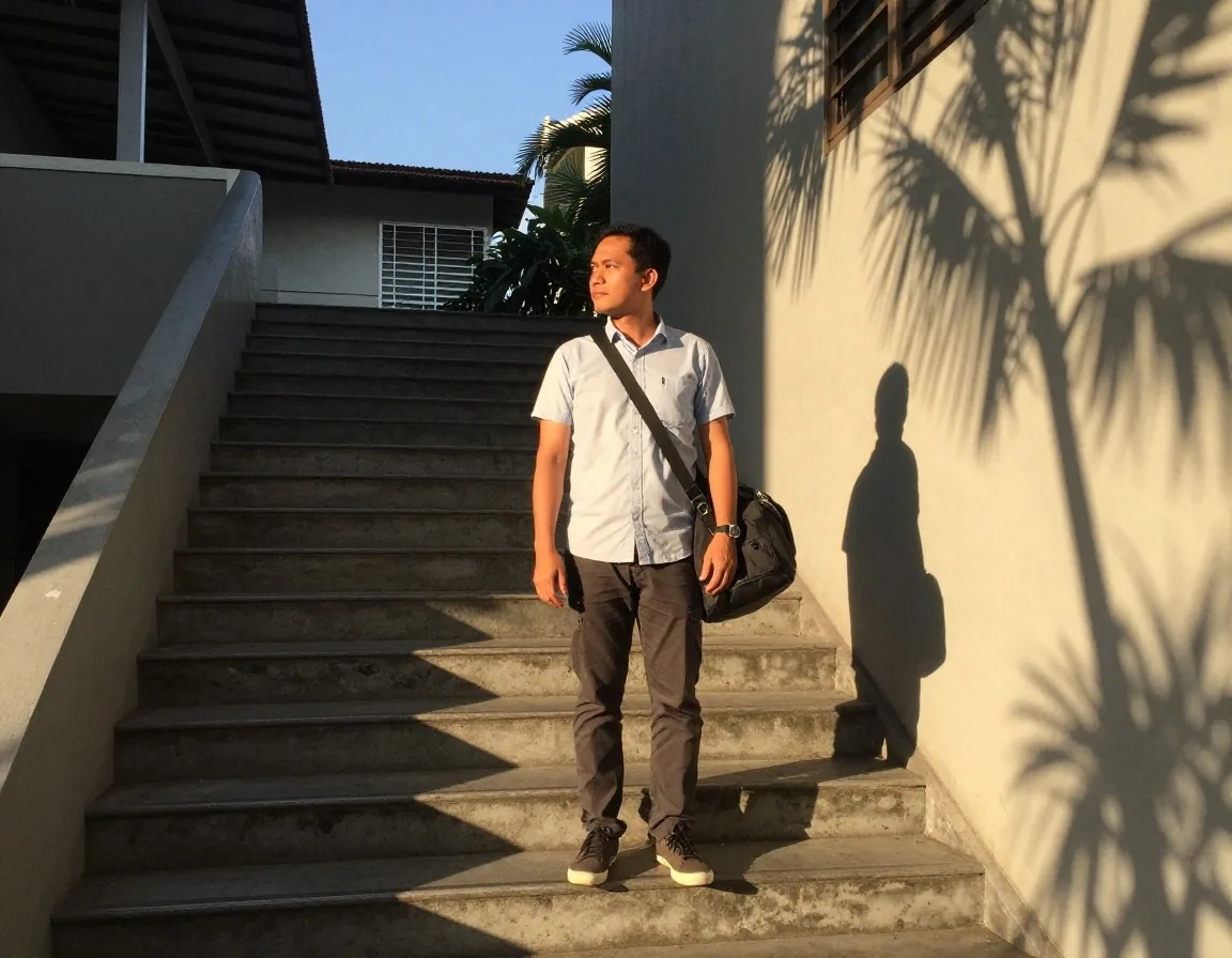 A man walking up an outdoor concrete staircase on his morning commute in an Indonesian city
