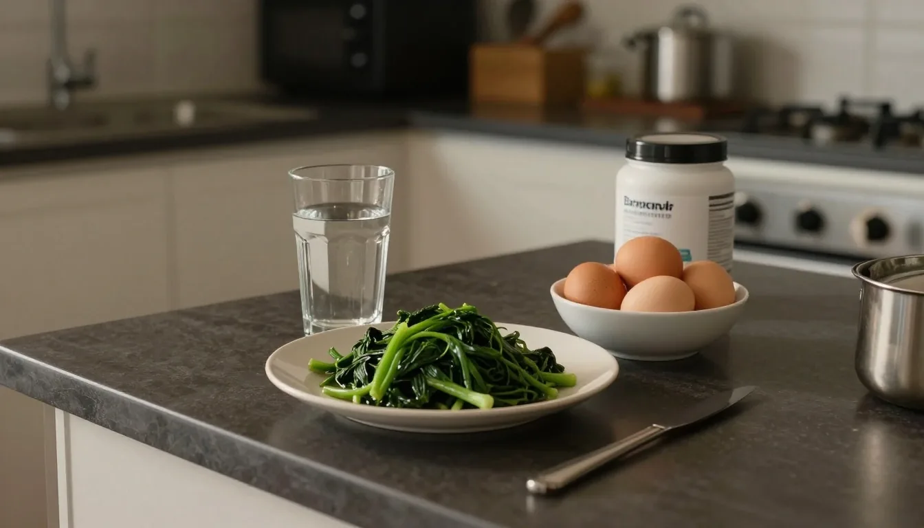 A morning kitchen counter in Bandung with water, eggs, greens and a supplement jar set back on the shelf