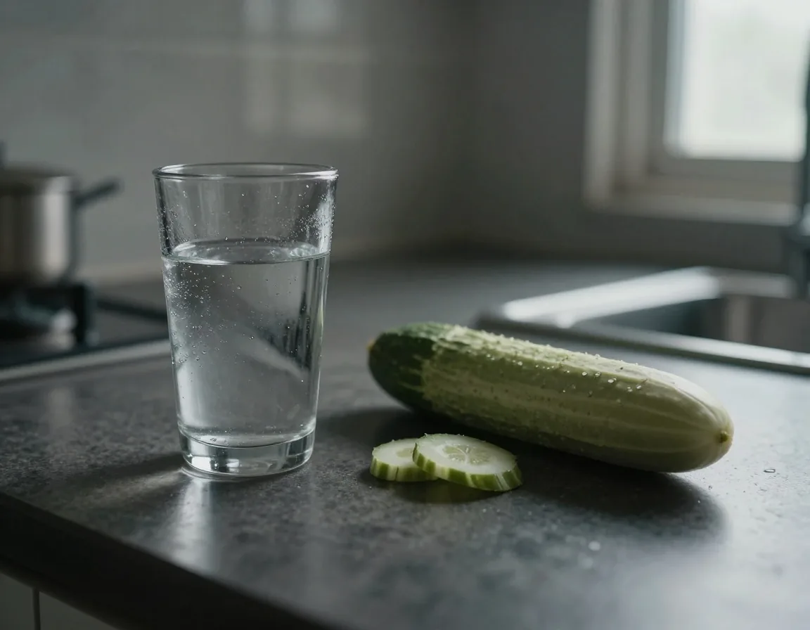 A glass of water and a peeled cucumber on a dark countertop