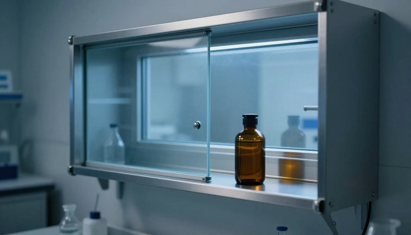 A quiet extract lab interior at night with hazed glass, steel shelving, and one jar on a shelf