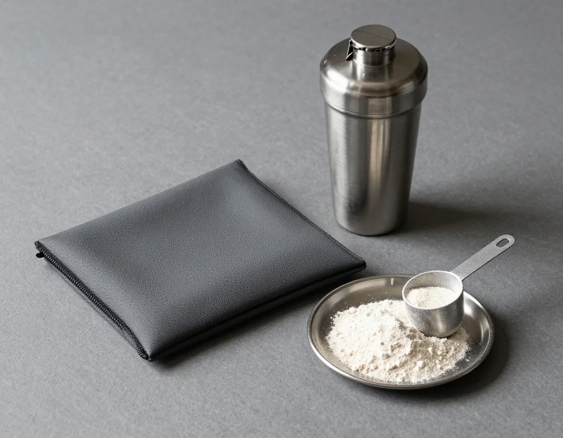 A matte pouch of powder with a steel shaker bottle and a scoop on a dark board