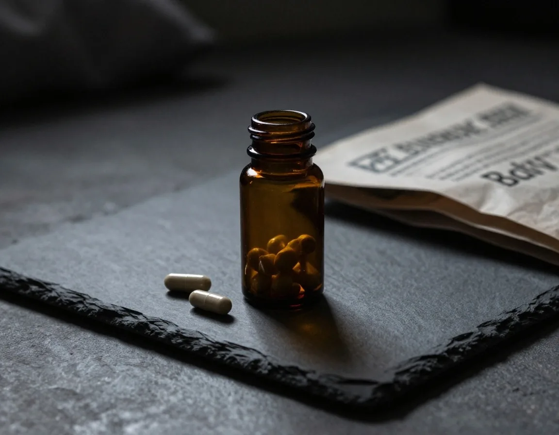 A small amber glass bottle of capsules with two loose capsules on a dark board