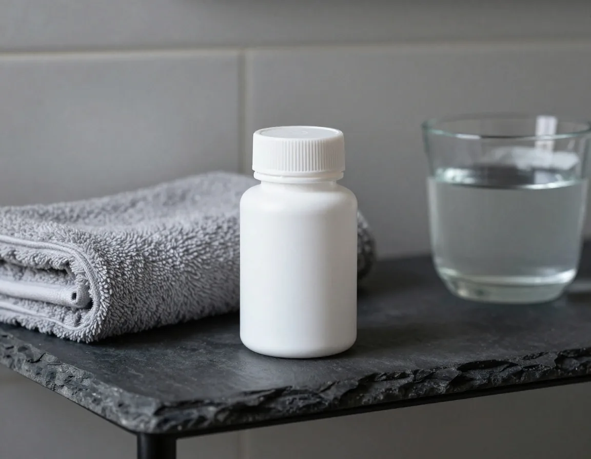 An opaque white supplement bottle and a smaller zinc bottle on a steel tray beside water