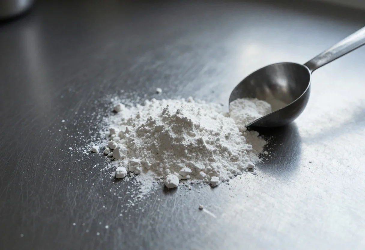 White powder and fine crystals spread across a brushed steel surface under raking light