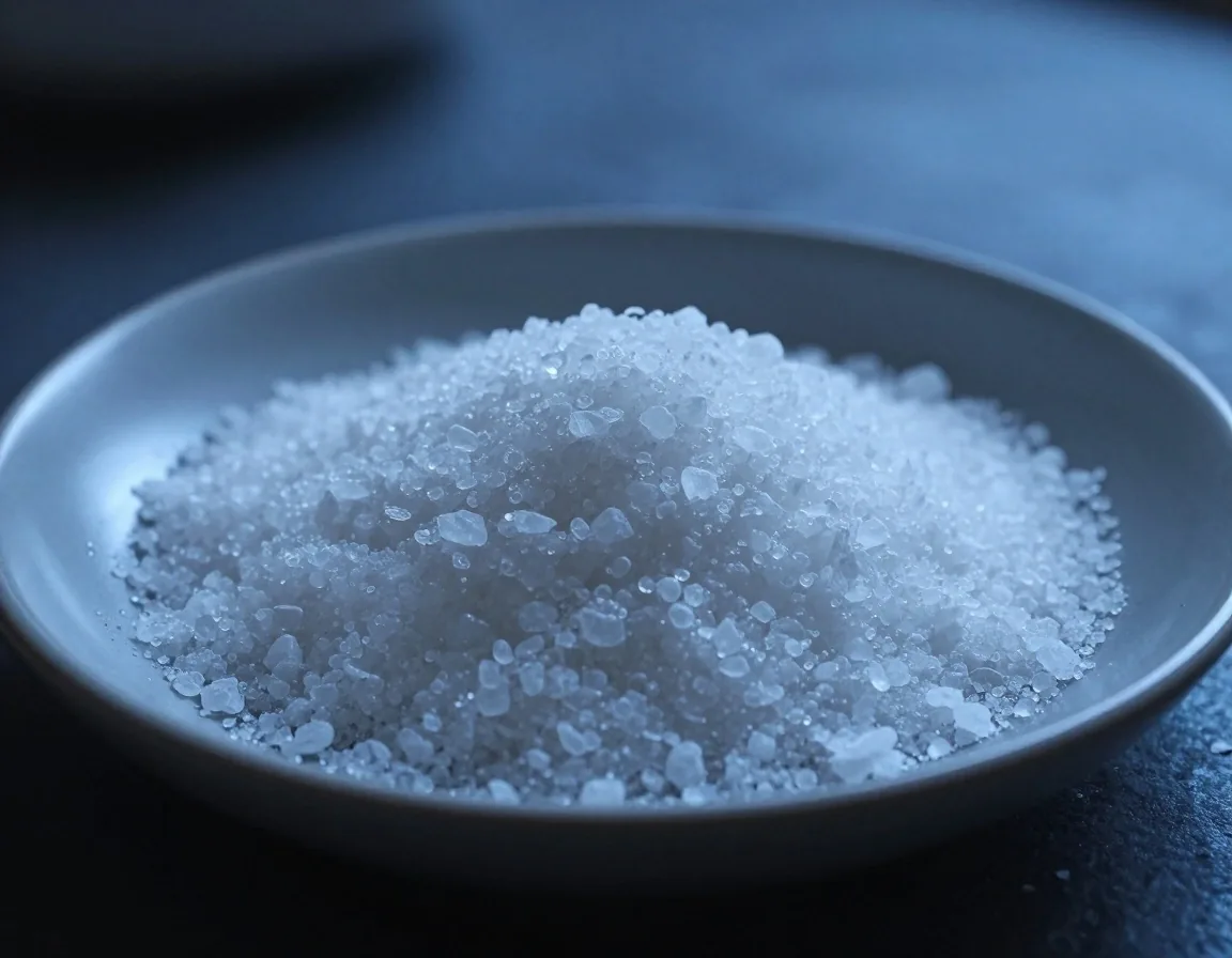 Magnesium citrate crystals in a shallow dish on a graphite board