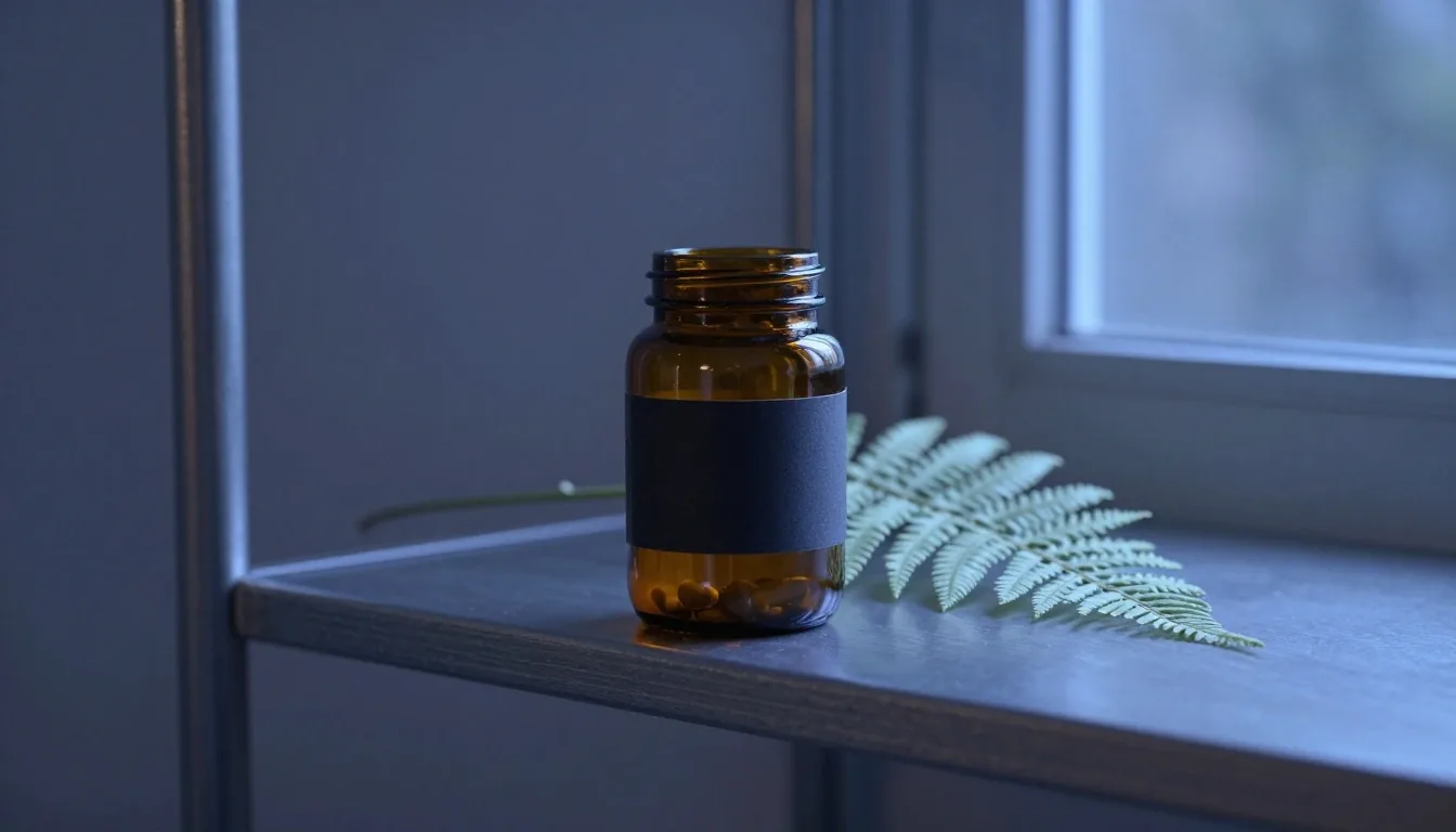Amber glass supplement jar and pressed fern fronds on brushed steel shelving under low blue window light