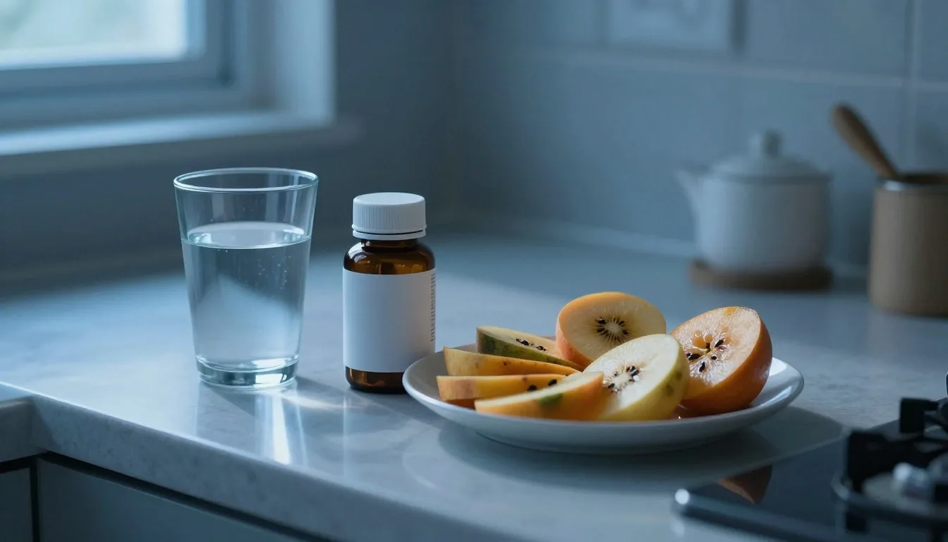 A supplement bottle on a kitchen counter in early morning light beside a glass of water and a breakfast plate