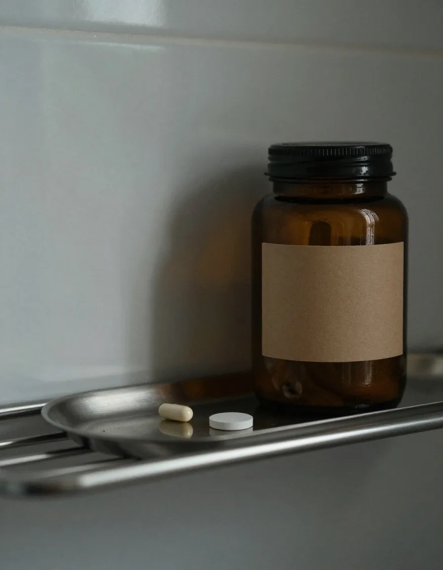 A single capsule and a pressed tablet set apart on brushed steel beside an amber jar