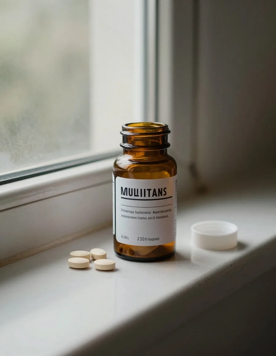 One bottle of broad multivitamin tablets with a few tablets tipped out on a dark board