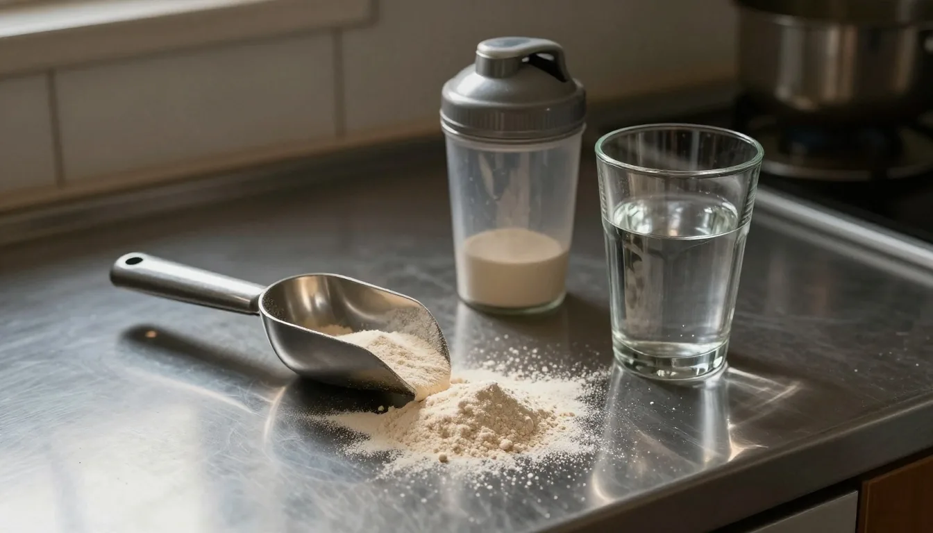Supplement powder spilled from a scoop onto brushed steel beside a shaker and a glass of water