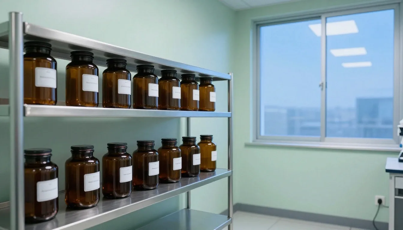 Extract laboratory interior at night with steel shelving and amber glass jars behind hazed glass